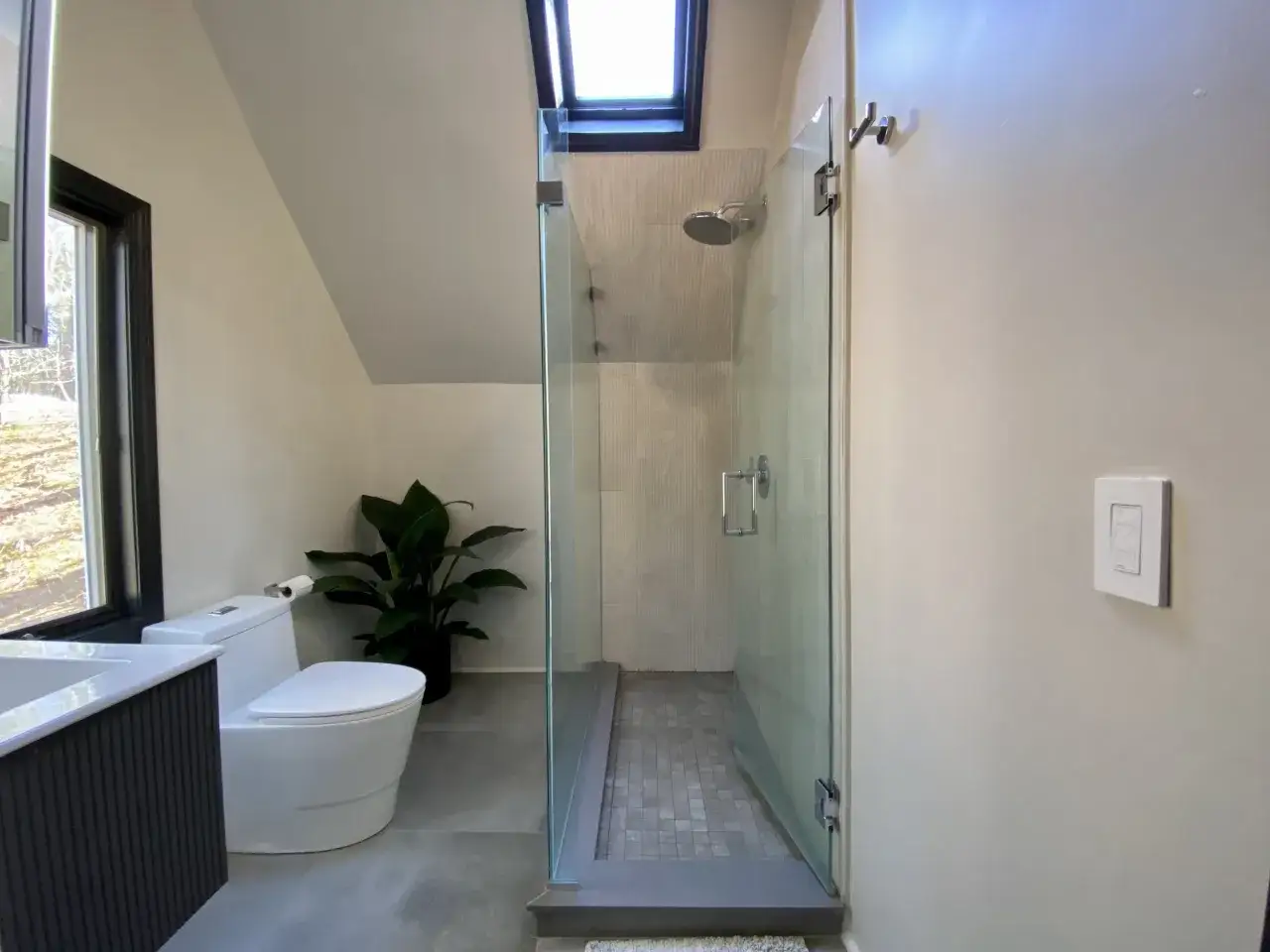 Salle de bain moderne avec une douche vitrée et un receveur, une toilette blanche et une plante verte. L'idée est de remplacer une cabine de douche par un receveur.