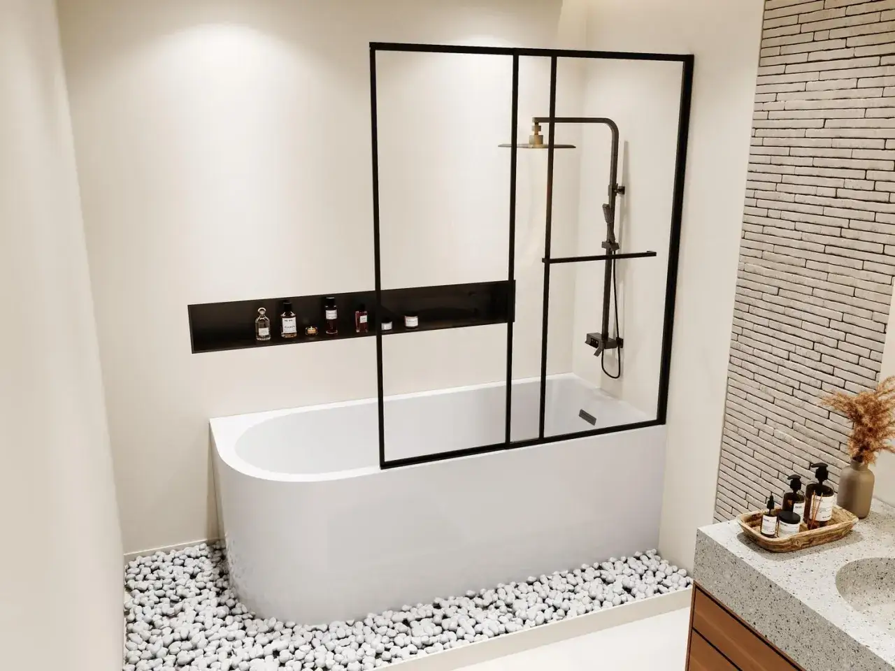 Salle de bain moderne avec baignoire îlot, paroi de douche noire et galets blancs. Idéal pour savoir comment choisir sa baignoire.