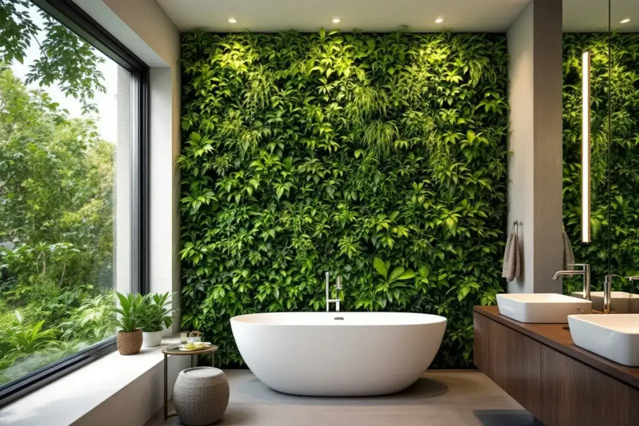 Une salle de bain avec une déco salle de bain nature luxuriante. Un mur végétal habille le fond, une baignoire îlot blanche trône au centre, et une grande fenêtre offre une vue sur la verdure.