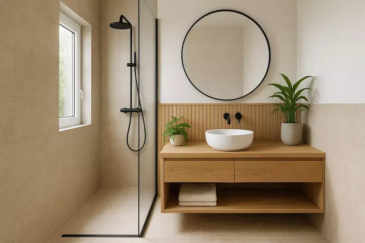 Douche moderne et meuble vasque en bois dans une petite salle de bain 3m2. Miroir rond, plantes vertes et carrelage clair apportent une touche de fraîcheur.