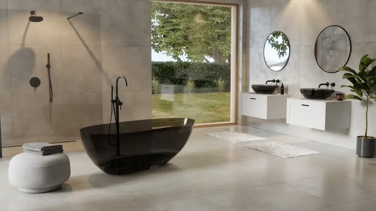 Salle de bain moderne avec baignoire îlot noire, lavabos suspendus et grande fenêtre donnant sur un jardin. Les inconvénients de la baignoire îlot incluent l'espace qu'elle occupe.