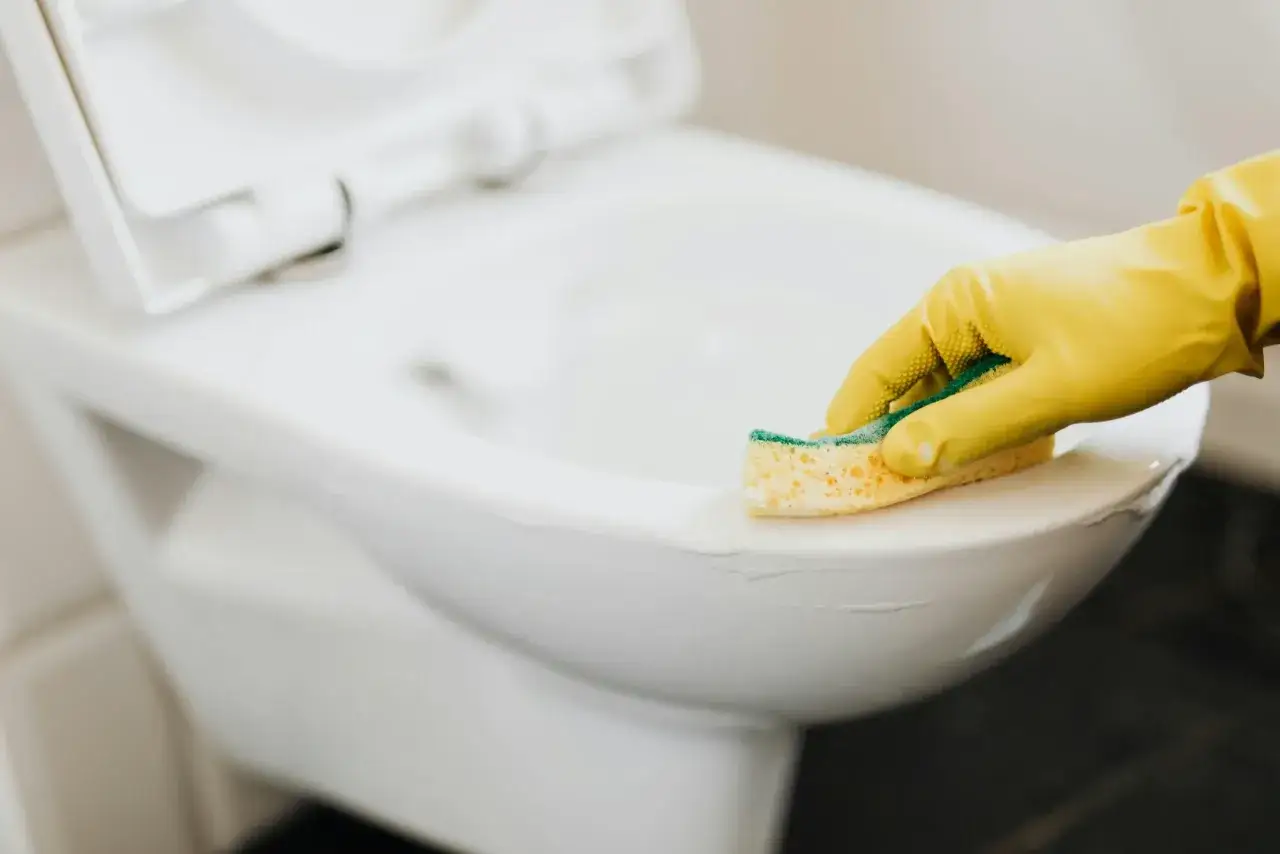 Main tenant, une main gant&eacute;e de jaune frotte le bord d'une cuvette de WC avec une &eacute;ponge. Une astuce de grand-m&egrave;re pour d&eacute;tartrer les WC.