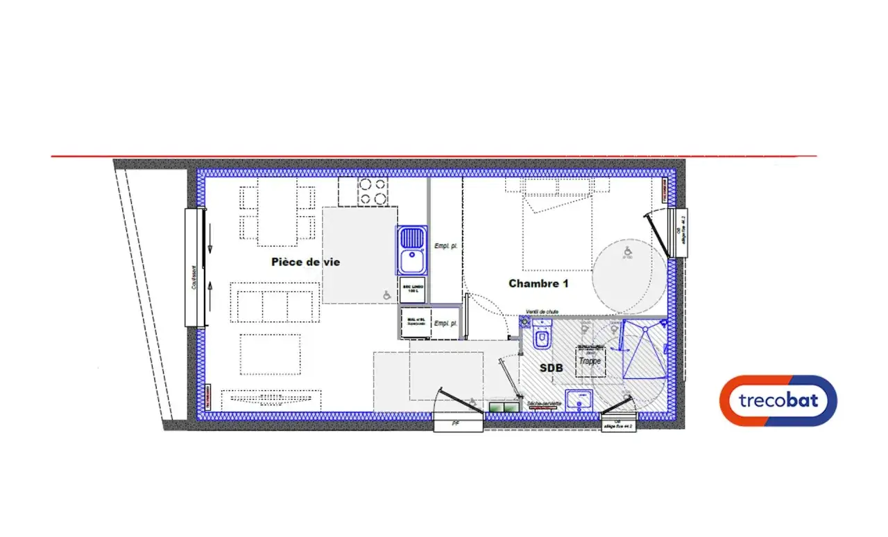 Plan d'une maison avec pièce de vie, chambre, et un rectangle PMR WC dans la SDB.