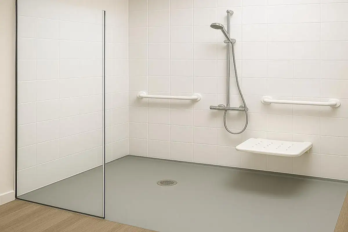 Douche adaptée aux personnes à mobilité réduite, avec barres d'appui, siège rabattable et sol antidérapant, respectant la norme douche PMR.