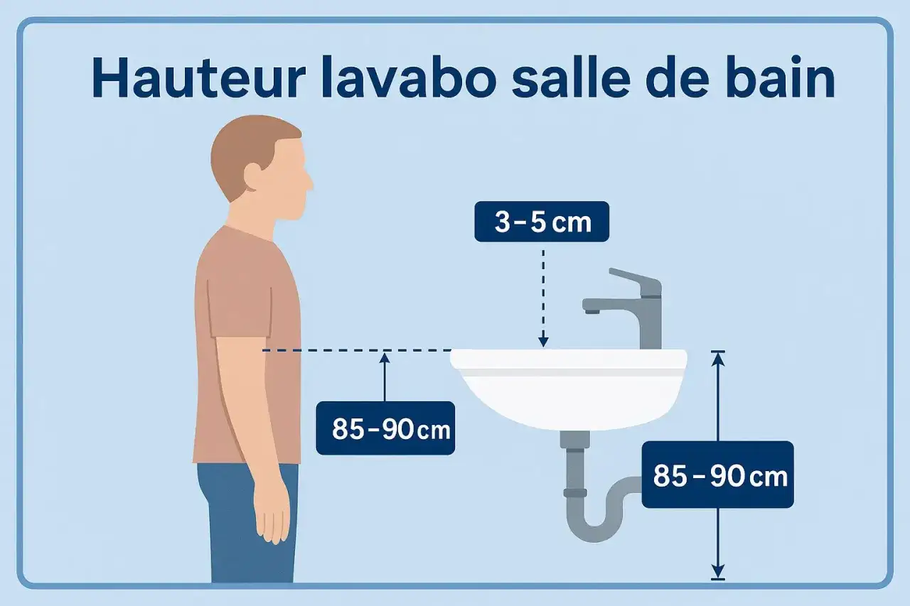 Illustration montrant la hauteur idéale d'un lavabo de salle de bain : 85-90 cm du sol, avec une arrivée d'eau à 3-5 cm au-dessus du bord.