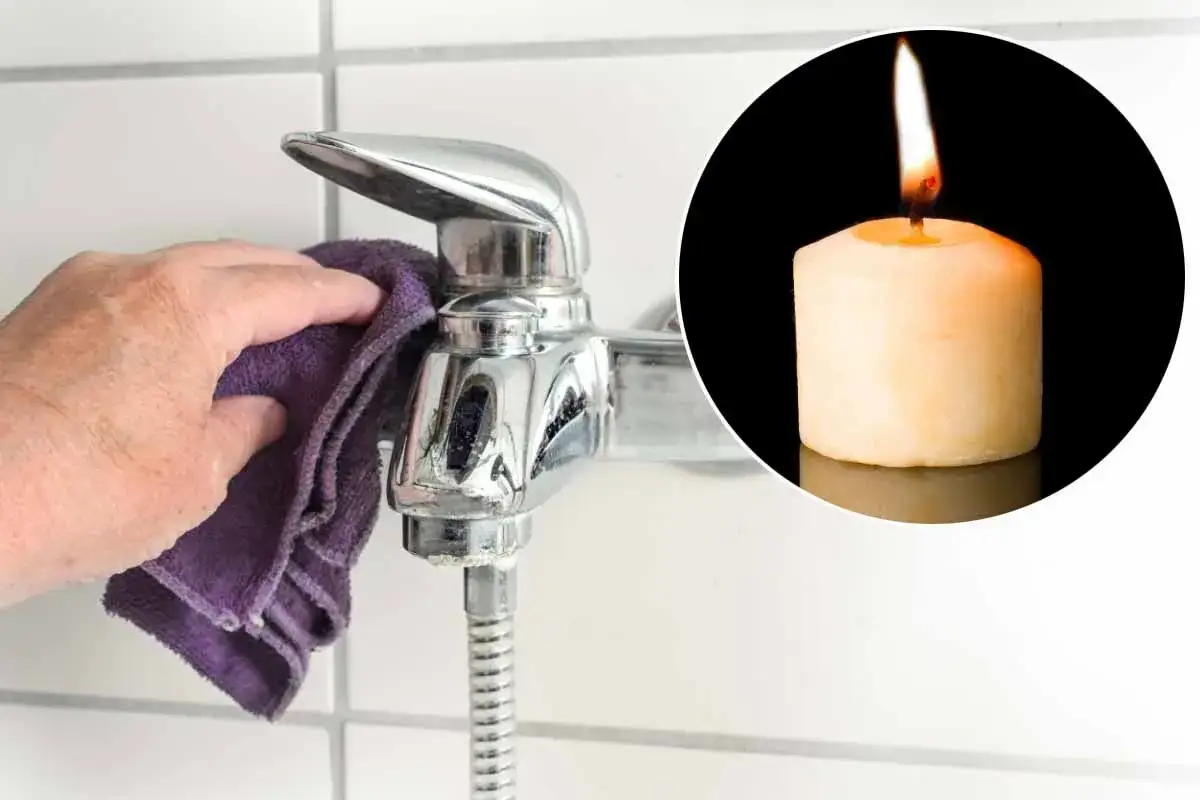 Maintenir la robinetterie &eacute;tincelante. Une main avec un chiffon violet nettoie le robinet chrom&eacute;, tandis qu'une bougie allum&eacute;e brille dans un cercle.