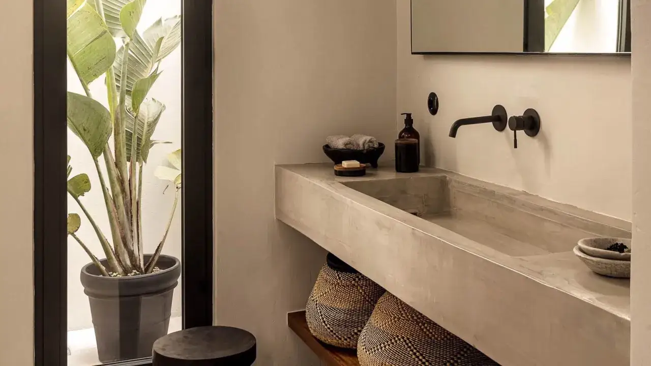 Élégante salle de bain béton ciré avec un grand lavabo, robinetterie noire et une plante luxuriante.