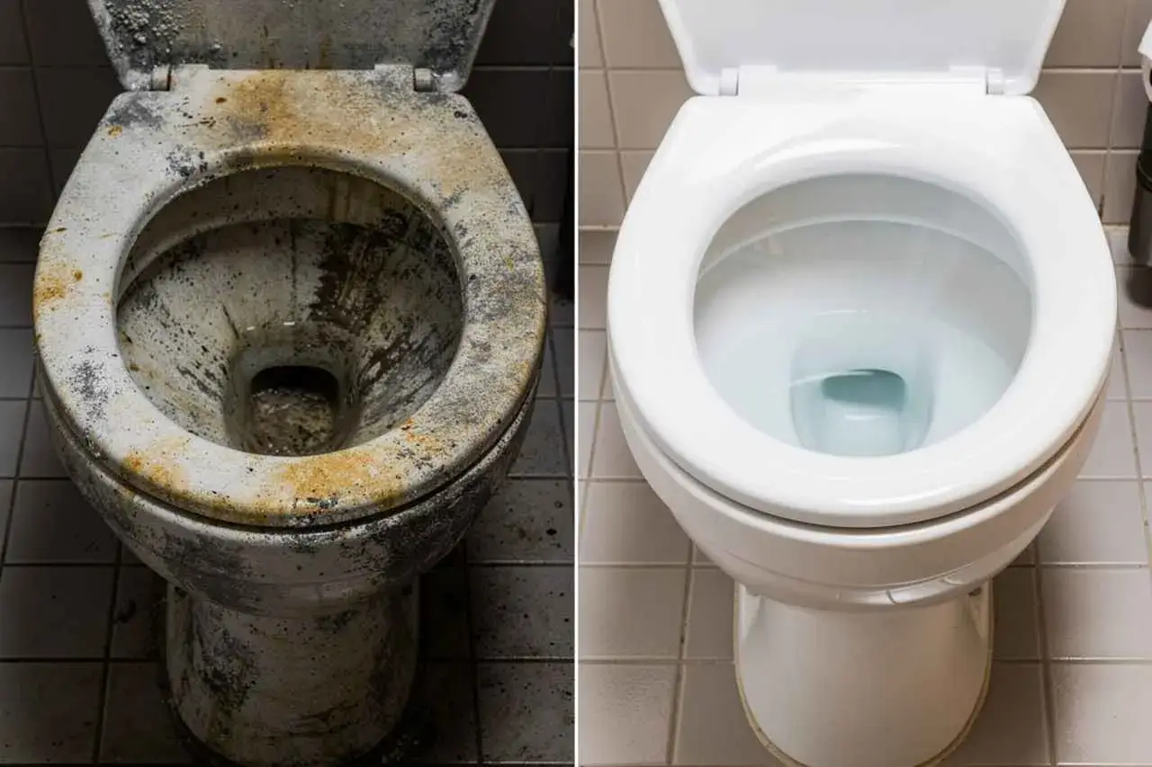Comparaison avant/après : un WC très sale transformé en un WC étincelant grâce à l'acide citrique.
