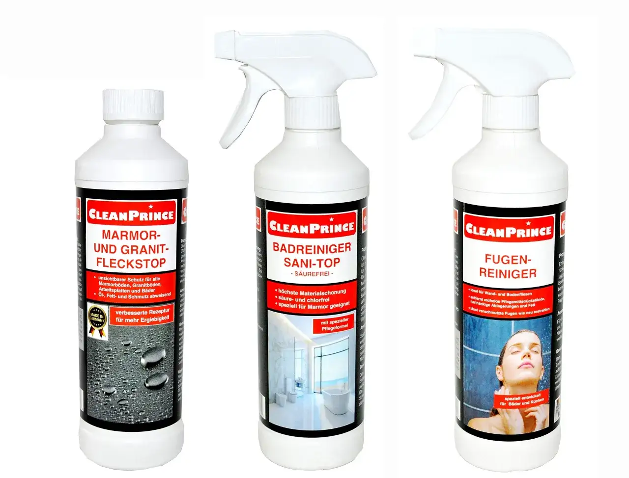 Trois produits Clean Prince pour nettoyer pierre naturelle : un stop taches marbre/granit, un nettoyant salle de bain et un nettoyant joints.