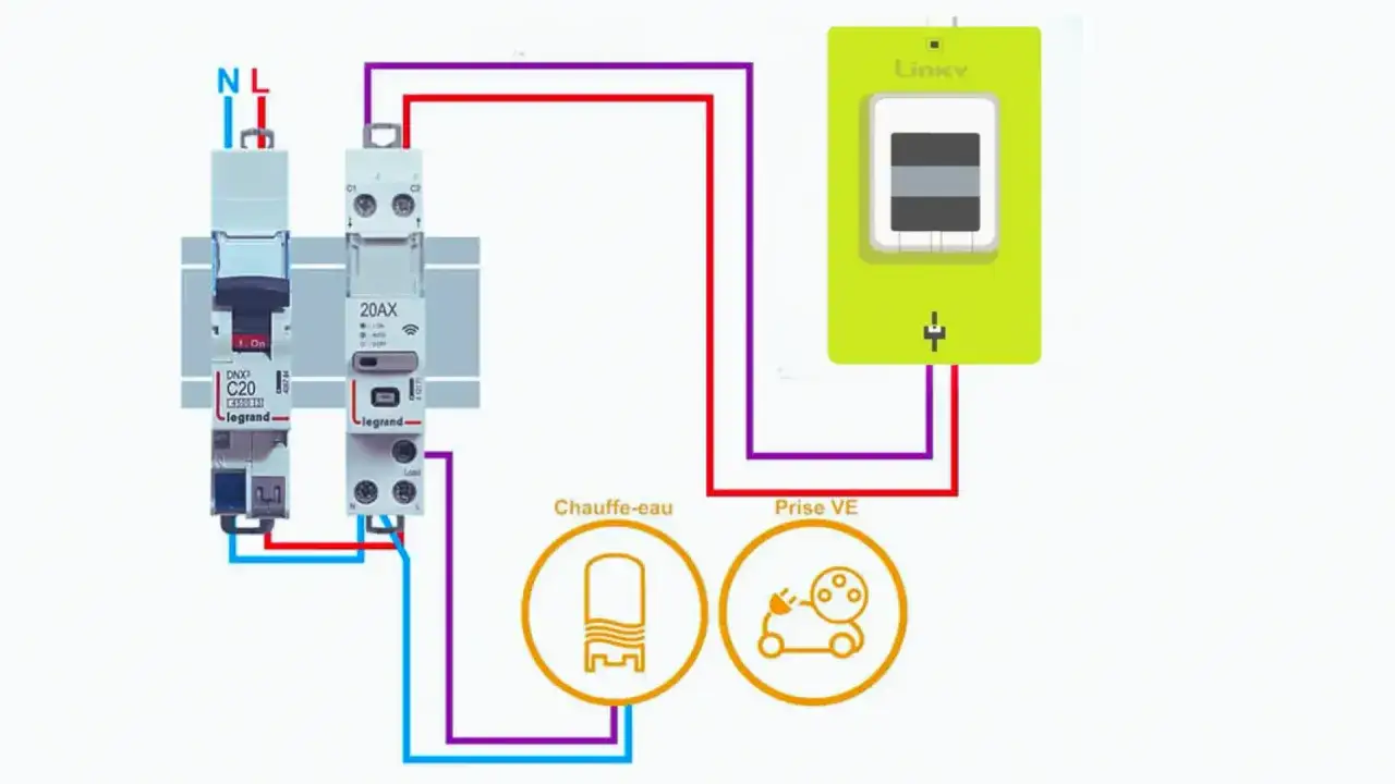 Schéma de câblage électrique montrant un disjoncteur Legrand C20, un module 20AX et un compteur Linky, avec des symboles pour un chauffe-eau et une prise VE. Ce schéma illustre l'installation d'un fusible pour chauffe-eau.
