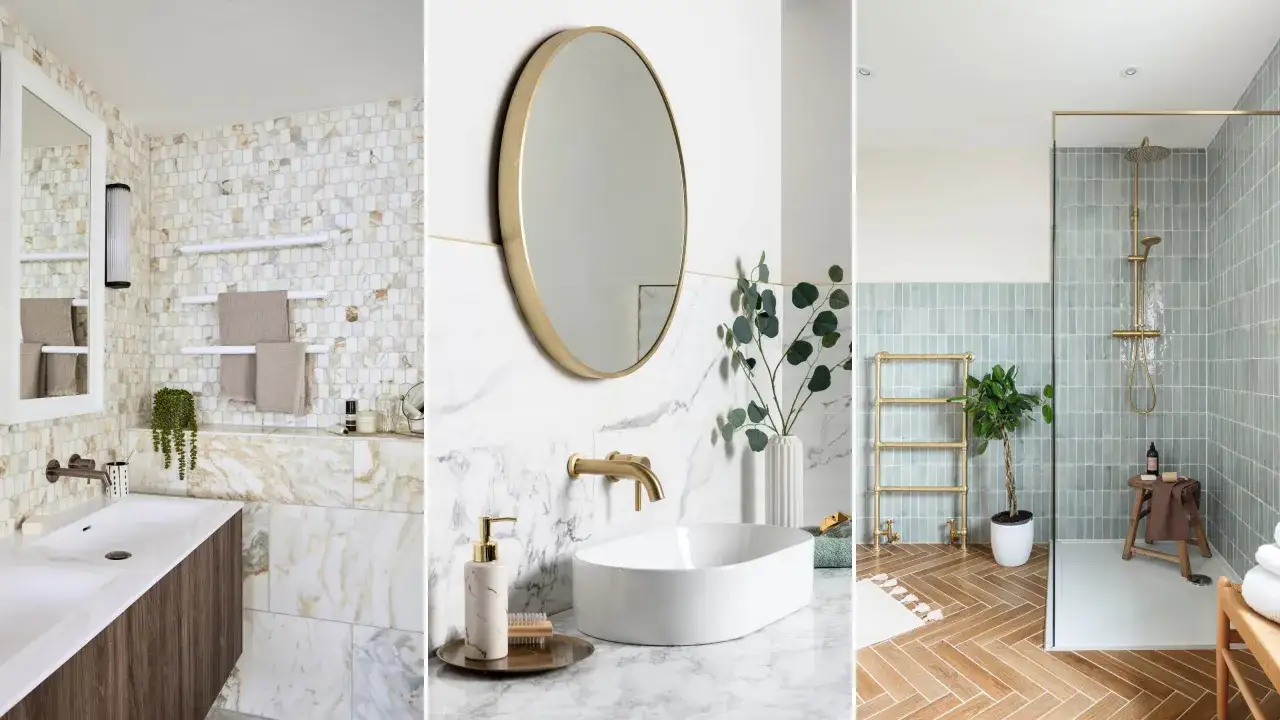 Trois ambiances pour un design salle de bain moderne : mosaïque chic, marbre élégant et douche épurée.