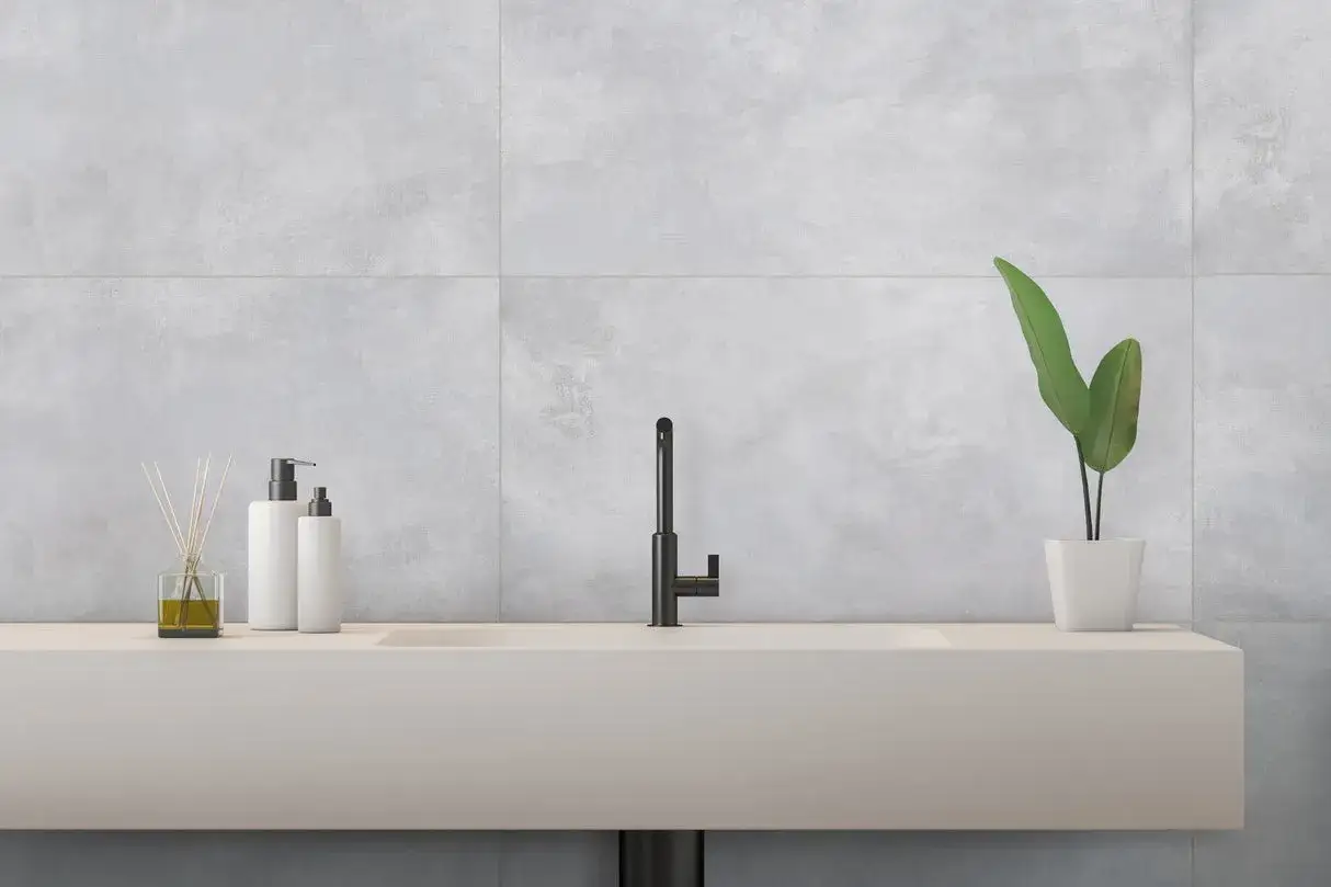 Élégant lavabo avec robinetterie noire, flacons de savon et plante verte, sur un mur en carrelage rectifié gris.