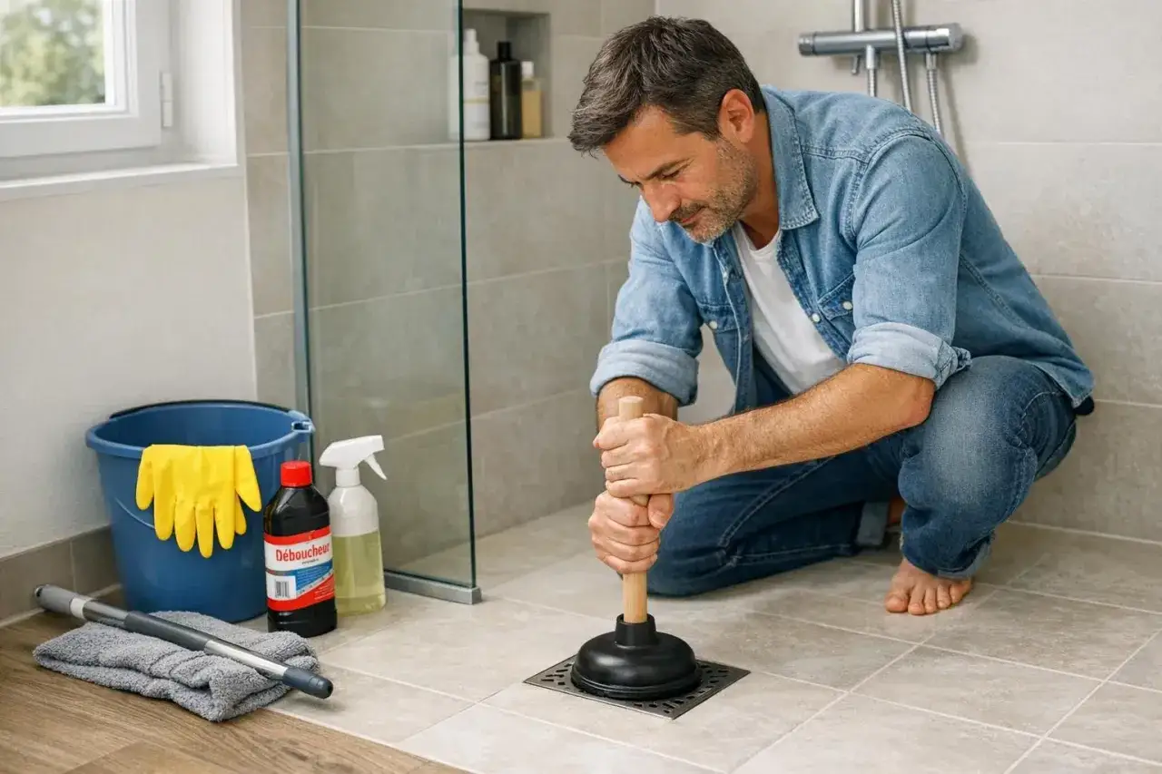 Homme utilisant une ventouse pour déboucher une douche bouchée avec de l'eau stagnante. Matériel de nettoyage à proximité.