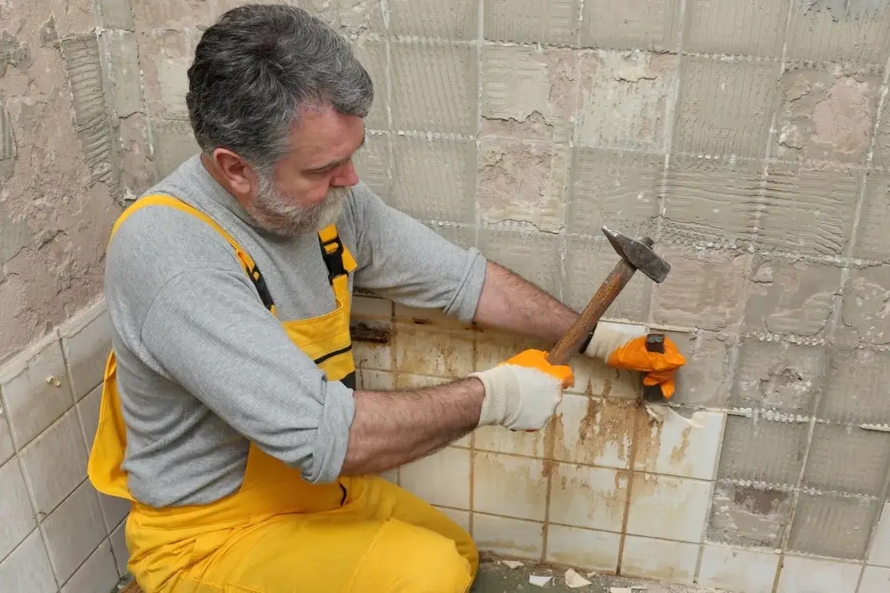 Un homme en salopette jaune utilise un marteau pour enlever du carrelage mural abîmé.