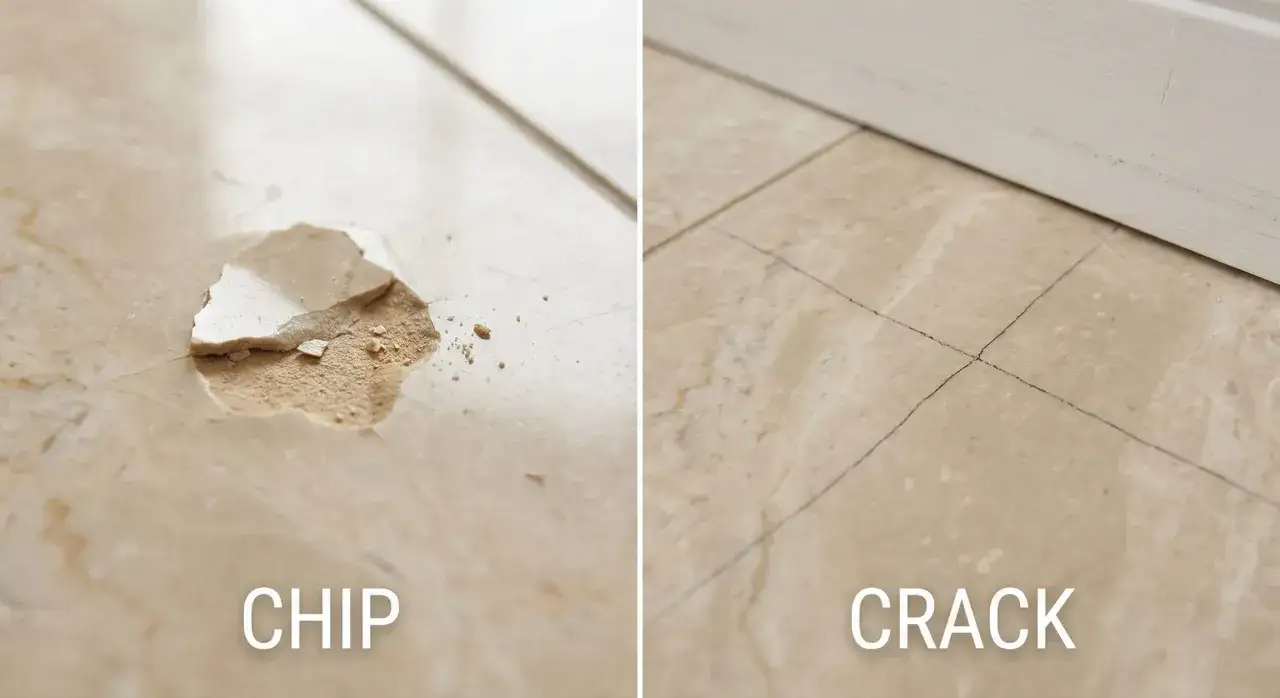 Avant/après : comment réparer un éclat sur carrelage et une fissure.