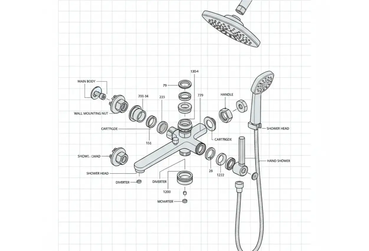 Sch&eacute;ma technique d'un mitigeur de douche, montrant les pi&egrave;ces pour le changer. On y voit le corps principal, la cartouche, la poign&eacute;e et les douches.