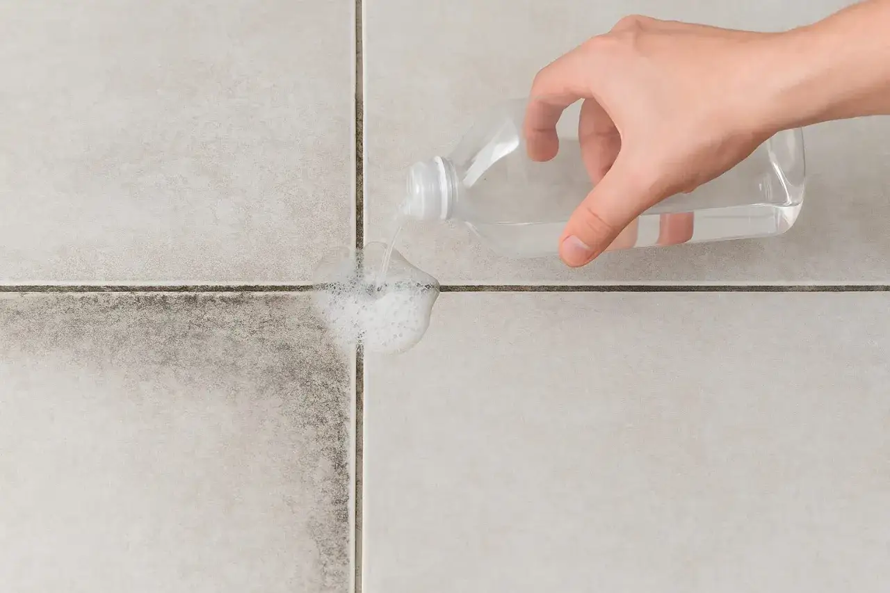 Main d'une personne versant un produit moussant sur du carrelage encrassé, avant nettoyage vapeur.