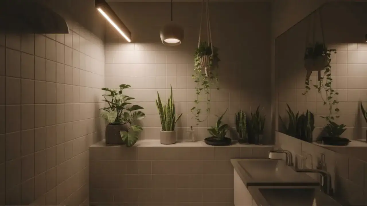 Une plante salle de bain sombre, avec des plantes vertes sur une étagère carrelée, sous un éclairage doux.