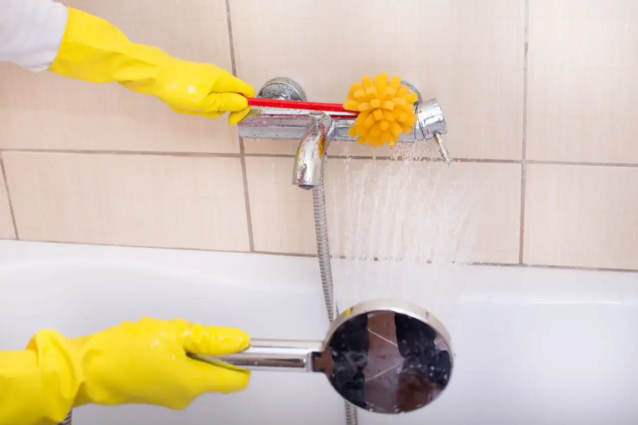 Nettoyage d'une baignoire dont l'émail est poreux. Une main gantée frotte le robinet avec une brosse jaune.