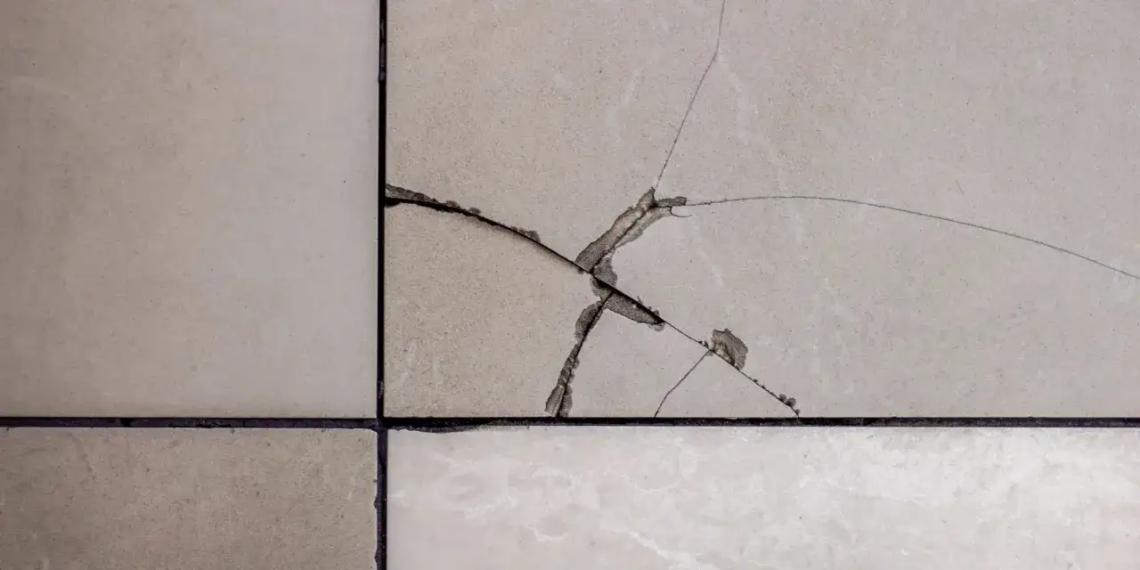 Gros plan sur un carrelage beige, une fissure profonde traverse une des dalles, révélant le mortier sombre en dessous.