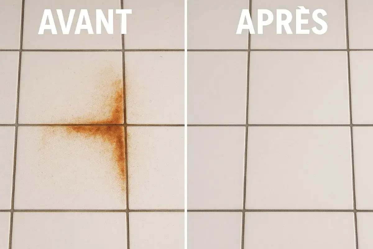 Avant/apr&egrave;s : une tache de rouille tenace sur du carrelage blanc, puis un carrelage impeccable apr&egrave;s avoir r&eacute;ussi &agrave; enlever rouille sur carrelage.