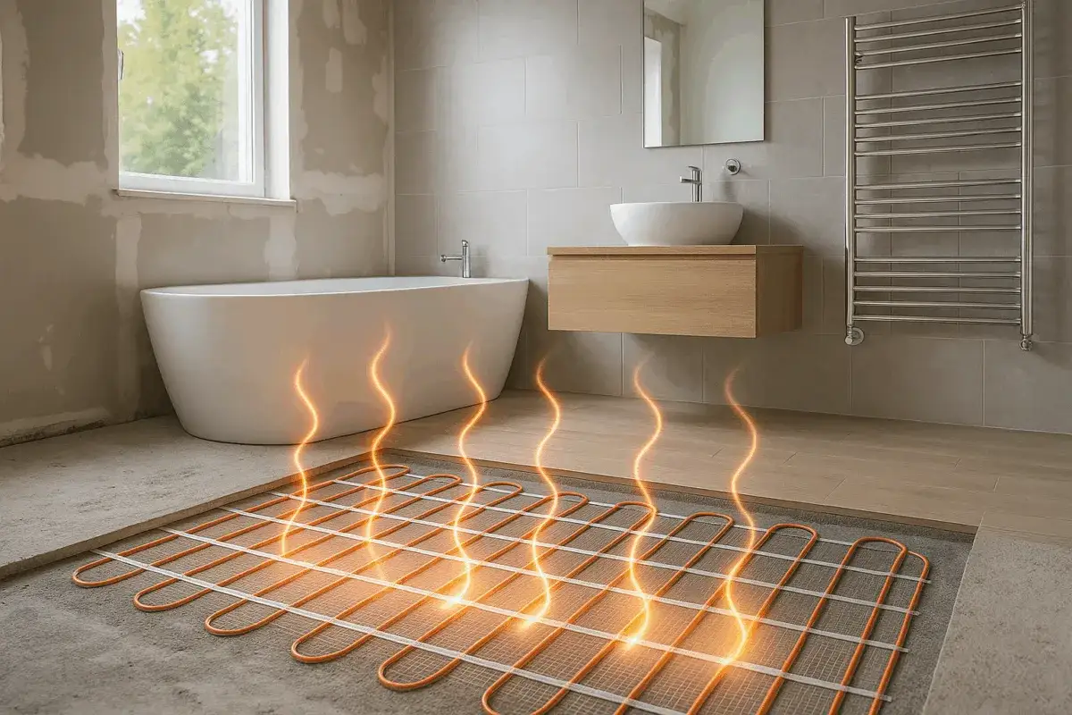 Installation d'un plancher chauffant dans une salle de bain. L'entretien de ce système assure un confort optimal.