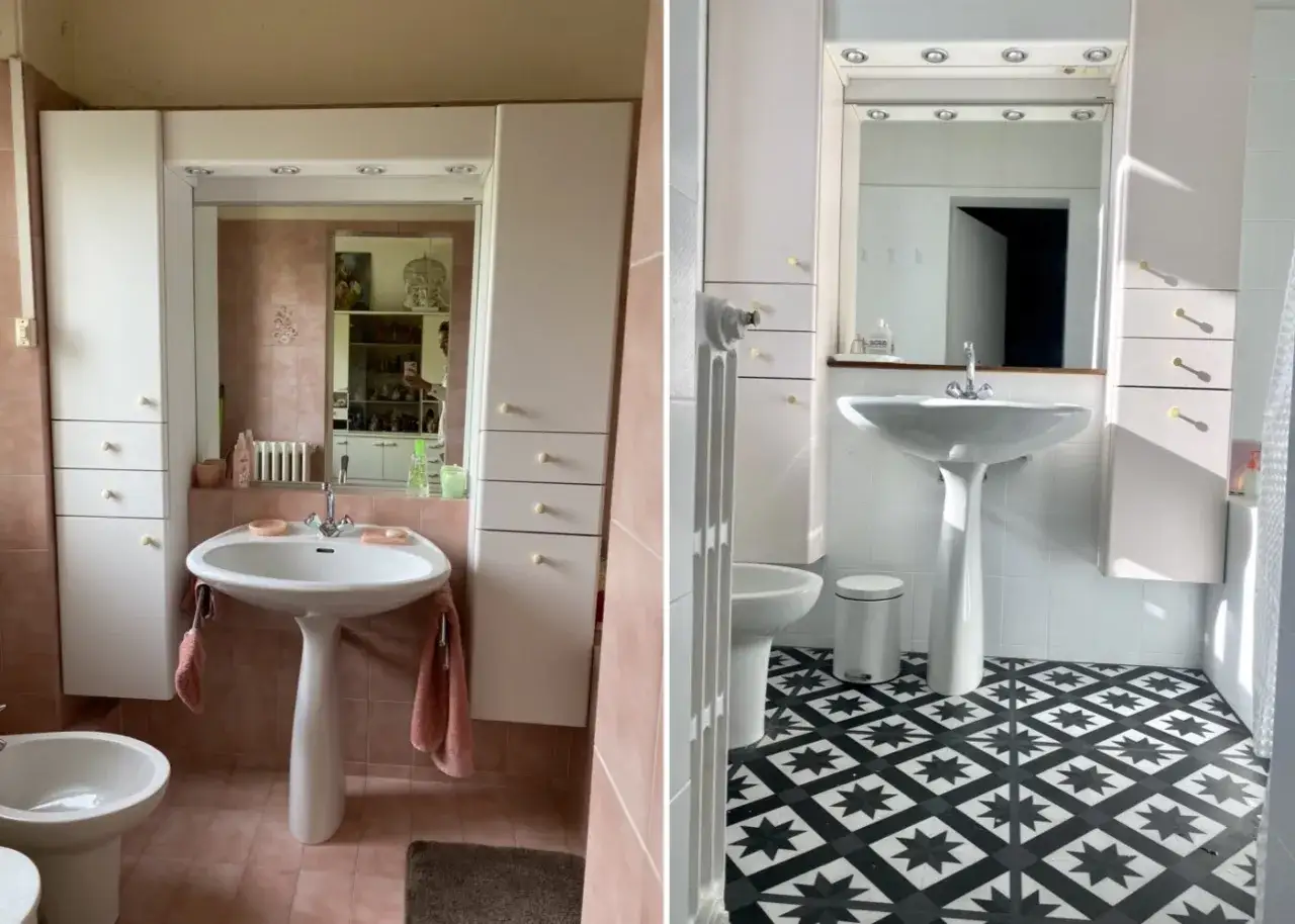 Avant/après d'une salle de bain : le carrelage rose vieillot laisse place à un sol graphique moderne. La peinture carrelage a une durée de vie impressionnante.