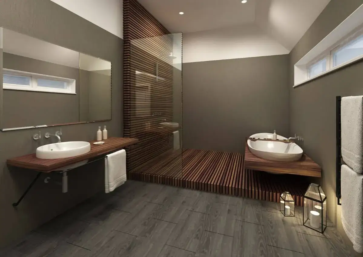 Salle de bain moderne avec douche à l'italienne en bois, vasque suspendue et baignoire îlot. Une belle idee salle de bain douche.