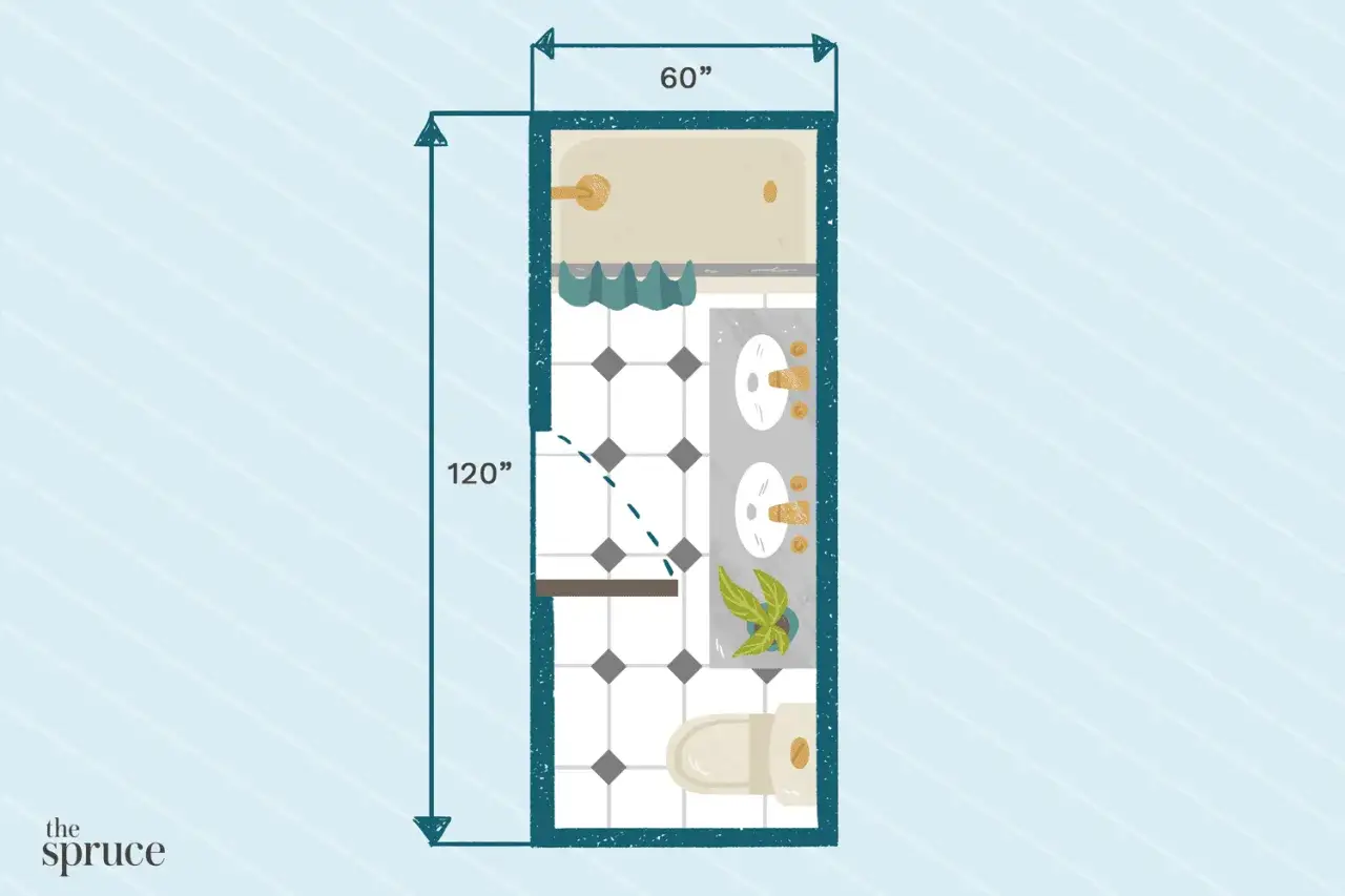 Plan salle de bain rectangulaire 60x120 pouces. Vue de dessus montrant baignoire, double vasque, toilettes et étagère.