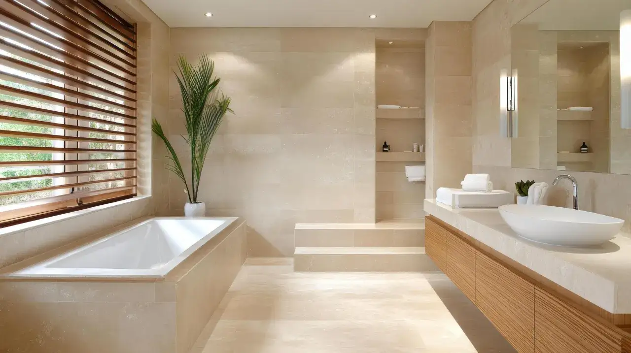 Une salle de bain nature aux tons sable, avec baignoire, lavabo, et une plante verte apportant une touche de fraîcheur.