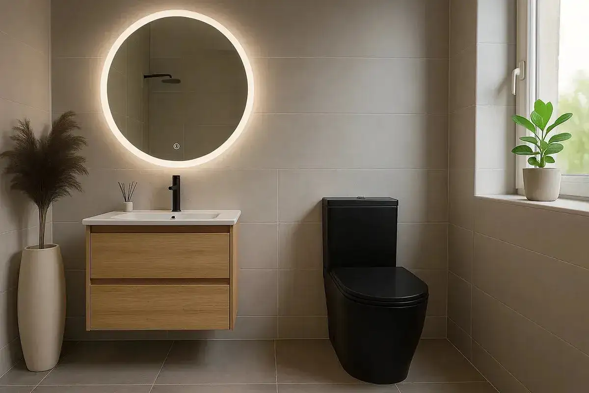 Salle de bain moderne avec un meuble vasque en bois, un miroir rond lumineux et des toilettes noires élégantes.