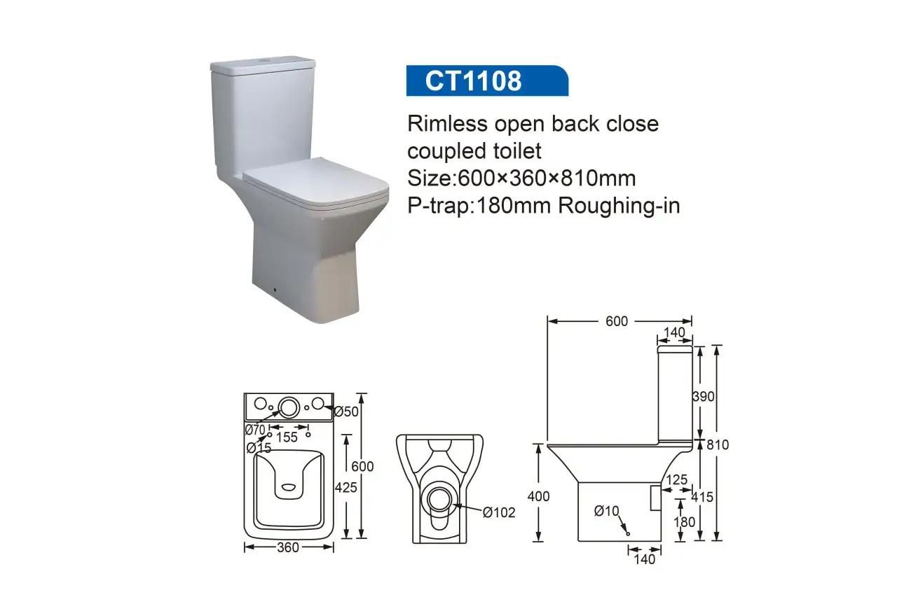 WC sans bride : un modèle moderne et hygiénique. Ce WC compact (600x360x810mm) est facile à nettoyer.