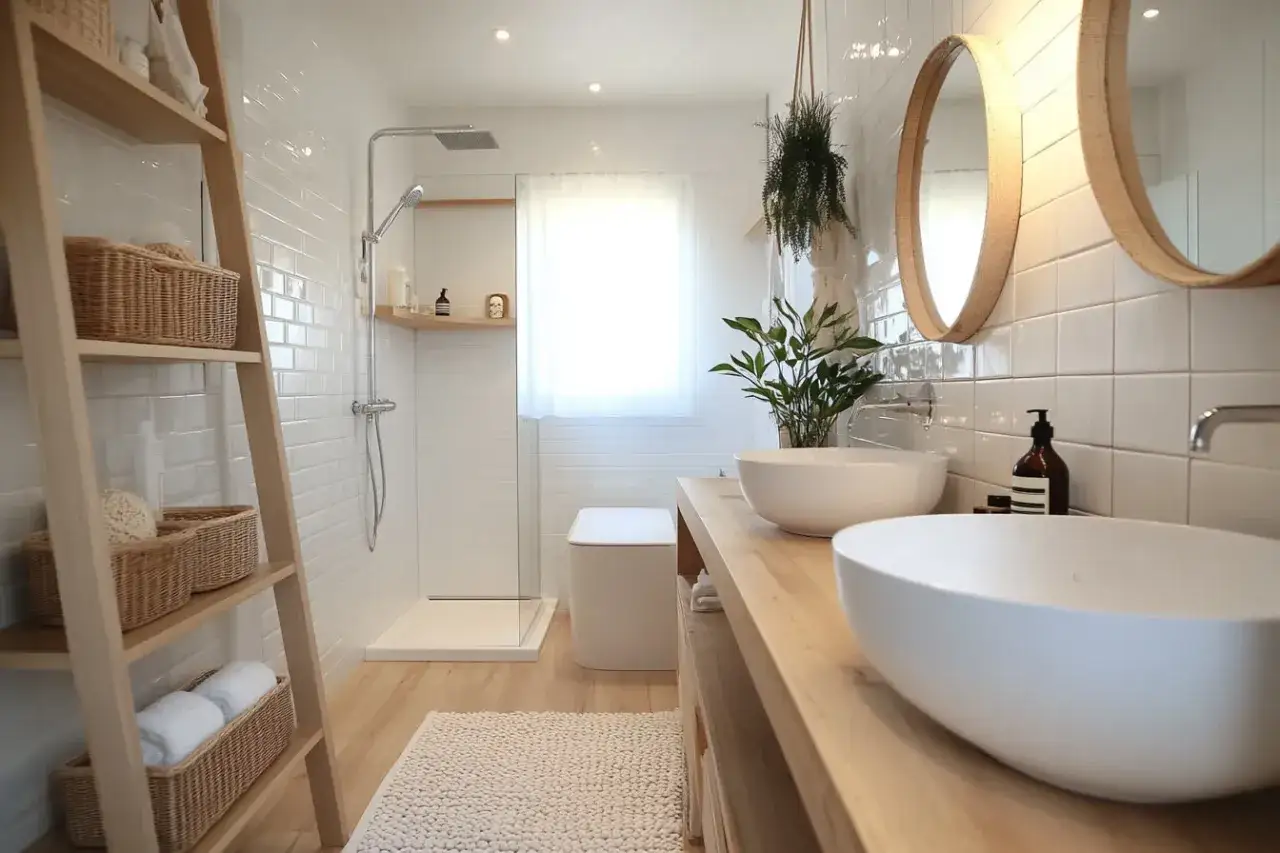 Une salle de bain blanche épurée avec des lavabos en céramique, une douche moderne, des paniers en osier et des miroirs ronds.