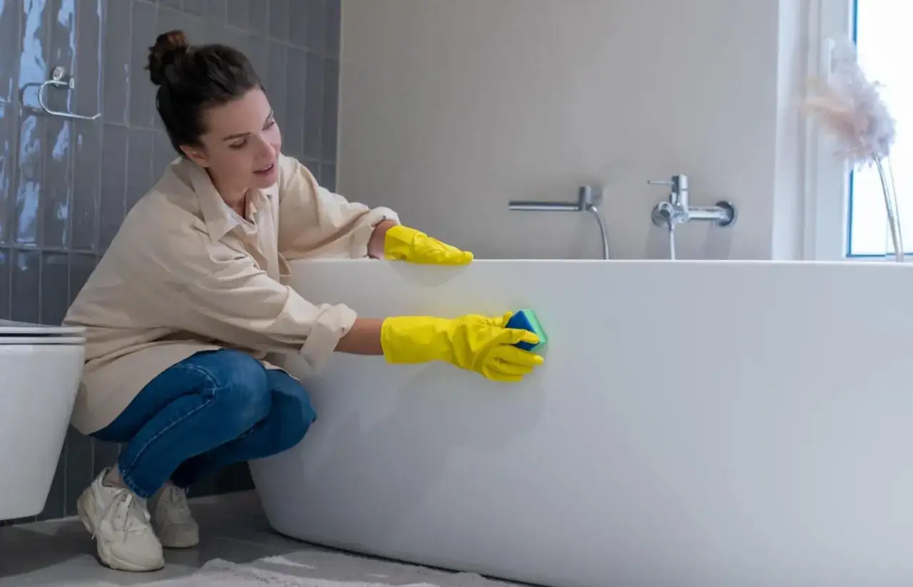 Femme en gants jaunes effectuant le nettoyage d'une baignoire acrylique avec une éponge.