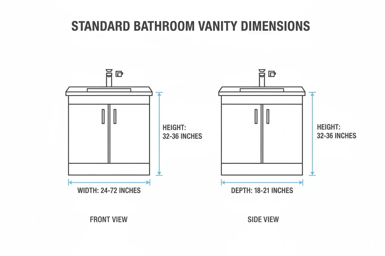 Dimensions standard d'un meuble de salle de bain : hauteur 32-36 pouces, largeur 24-72 pouces, profondeur 18-21 pouces.