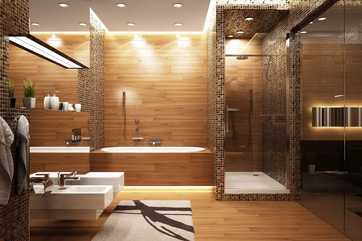 Salle de bain moderne avec murs en bois, une douche vitrée et une baignoire. Choix entre douche ou baignoire pour se détendre.