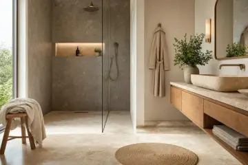 Élégante salle de bain en travertin avec douche à l'italienne, lavabo en pierre naturelle et peignoir suspendu.