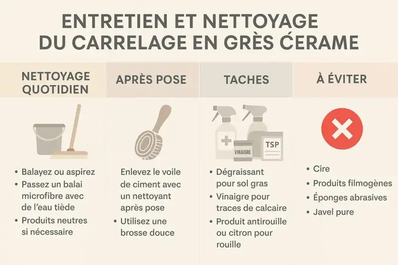 Guide d'entretien du carrelage : nettoyage quotidien, après pose, gestion des taches et produits à éviter pour prévenir toute rayure sur le carrelage.