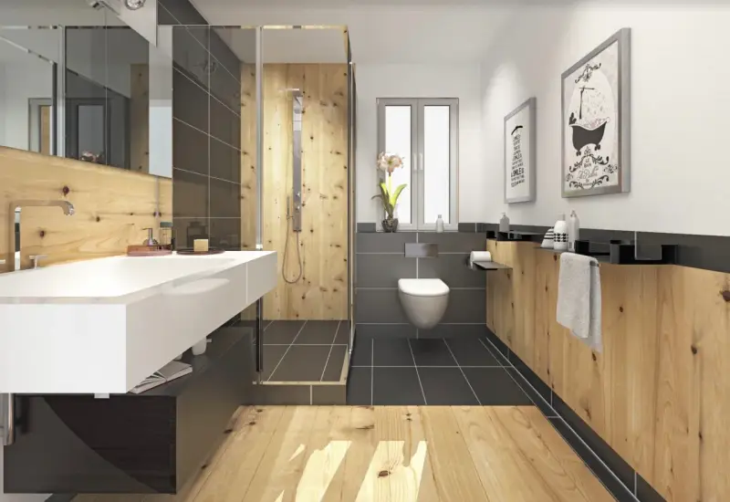Salle de bain moderne avec murs en bois chaleureux, douche à l'italienne, lavabo suspendu et WC. L'ambiance naturelle du bois pour salle de bain invite à la détente.