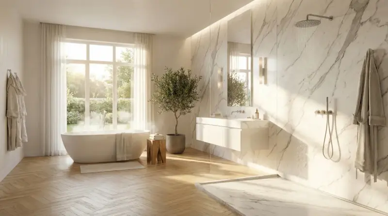 Salle de bain lumineuse avec baignoire îlot, douche à l'italienne en marbre et un sol en parquet clair.